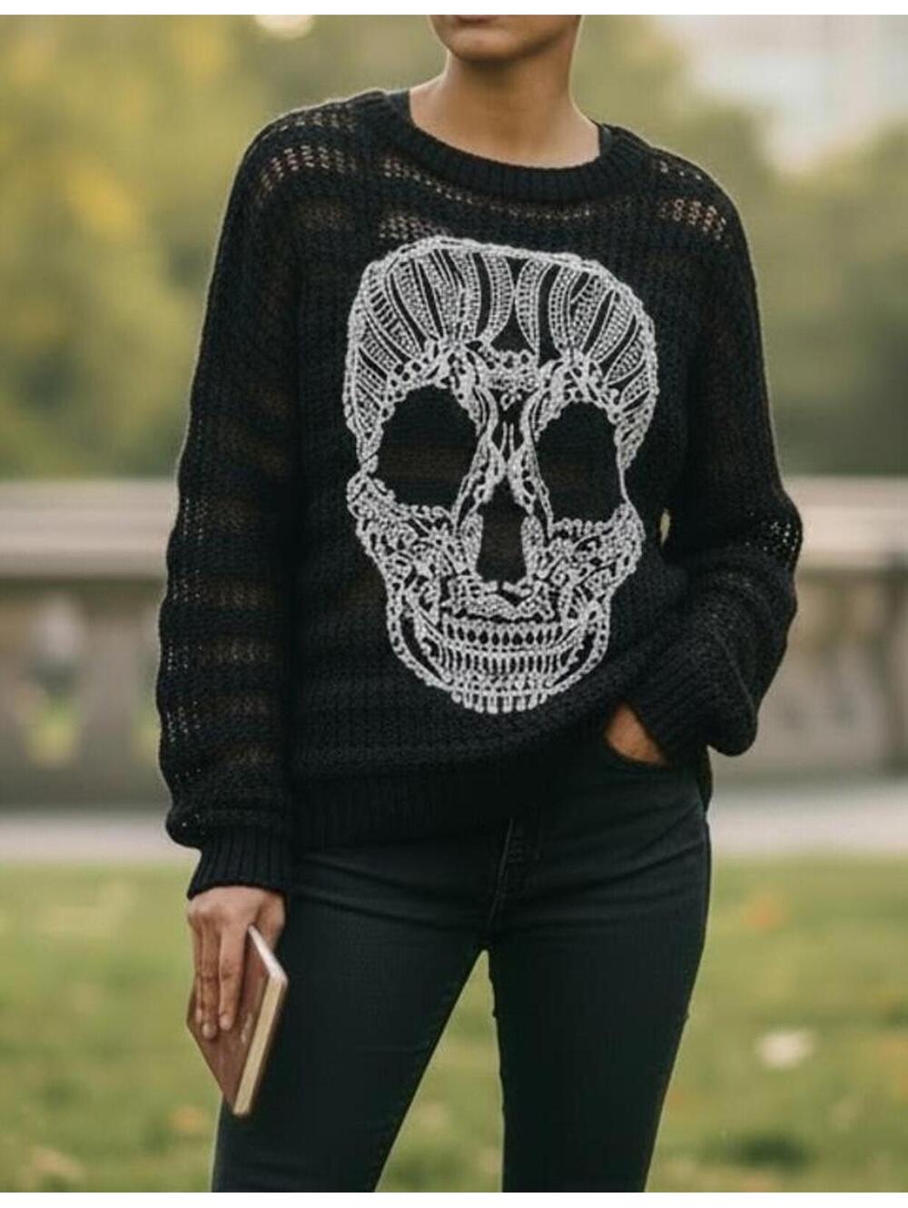 Katsumi Vintage-Inspired Skull Long Sleeve Pullover Sweater Womens S M